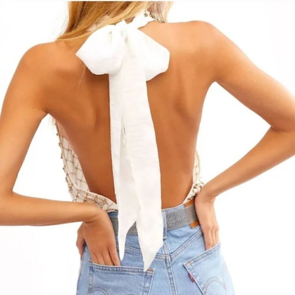 Free People Bling Bling Cha Ching Ivory Bodysuit/Top New Size Large - Picture 6 of 17